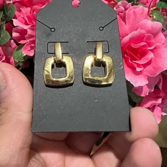 Signed Anne Klein AK Shiny Small Swinging HingedGold Box Dangle Earrings - Picture 1 of 3